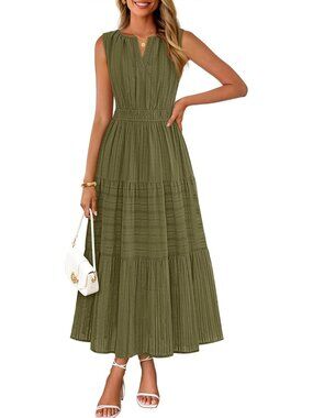 🆕Women Armygreen Maxi Dress for Casual Sleeveless  V Neck Cotton Long Dresses